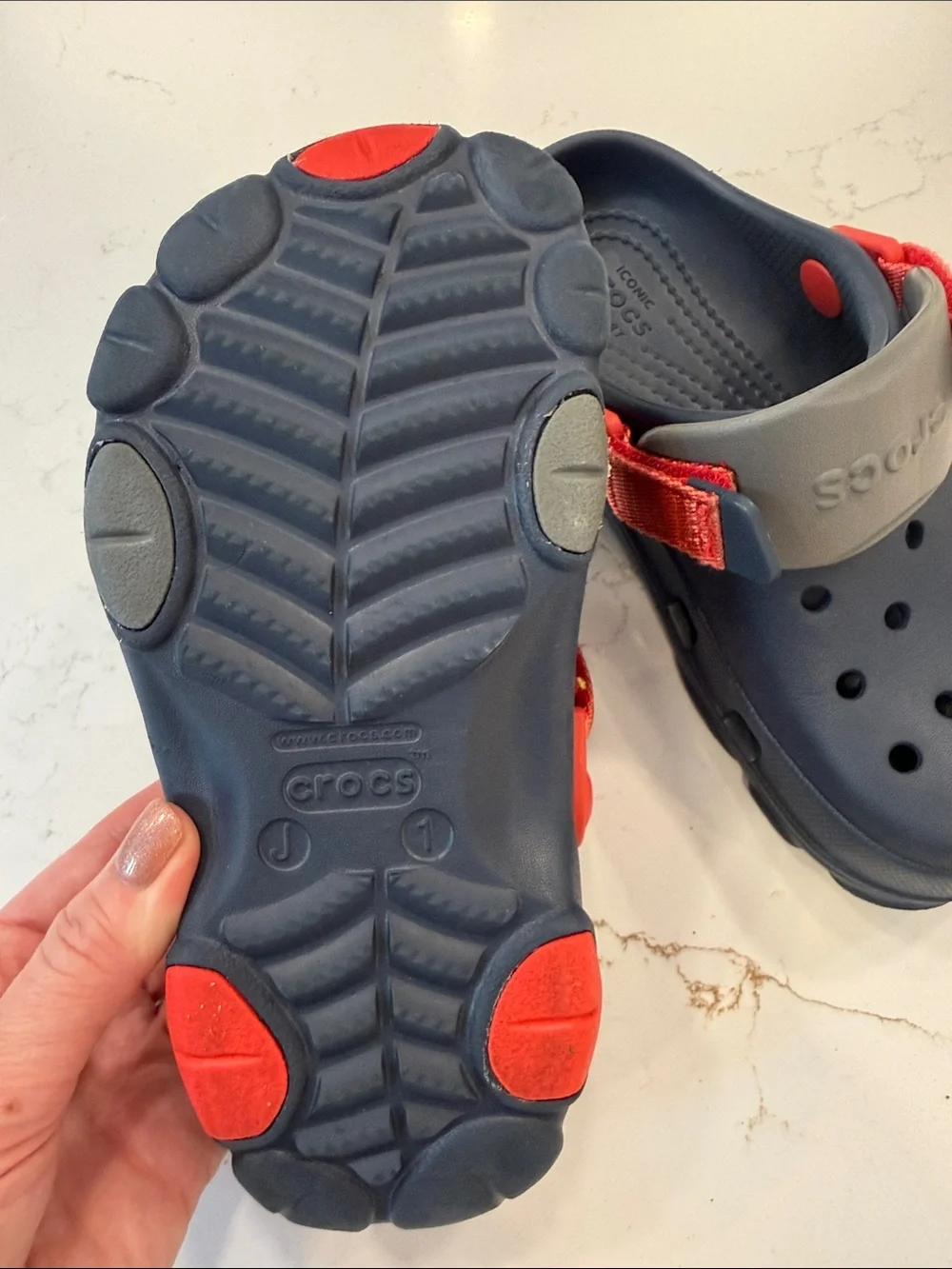 CROCS Kids Navy Clogs with Gray Heel Strap and Red Accents